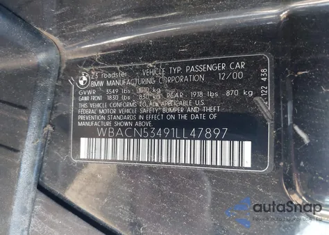 2001 BMW Z3 3.0I from USA, damaged, VIN WBACN53491LL47897